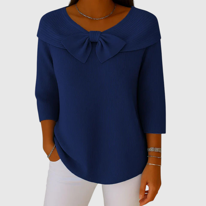 Серенна – Дамски пуловер с панделка и кръгло деколте