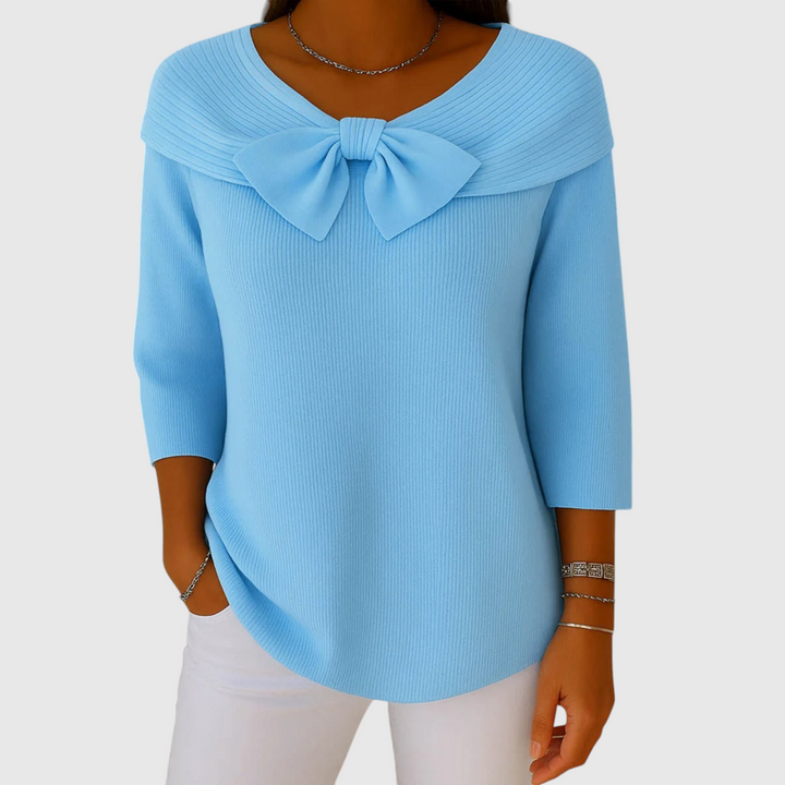 Серенна – Дамски пуловер с панделка и кръгло деколте