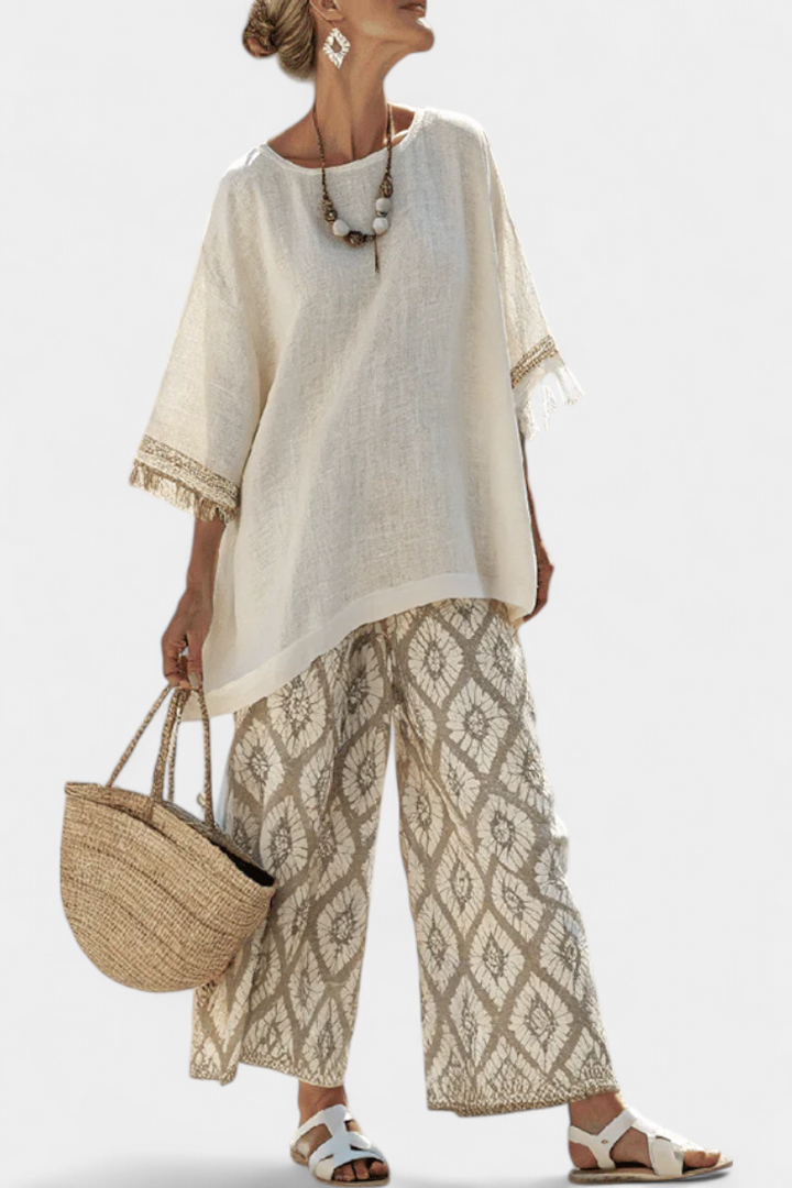 Комплект Boho Chic Daisy: Дълга блуза и панталони с печат за уникален стил