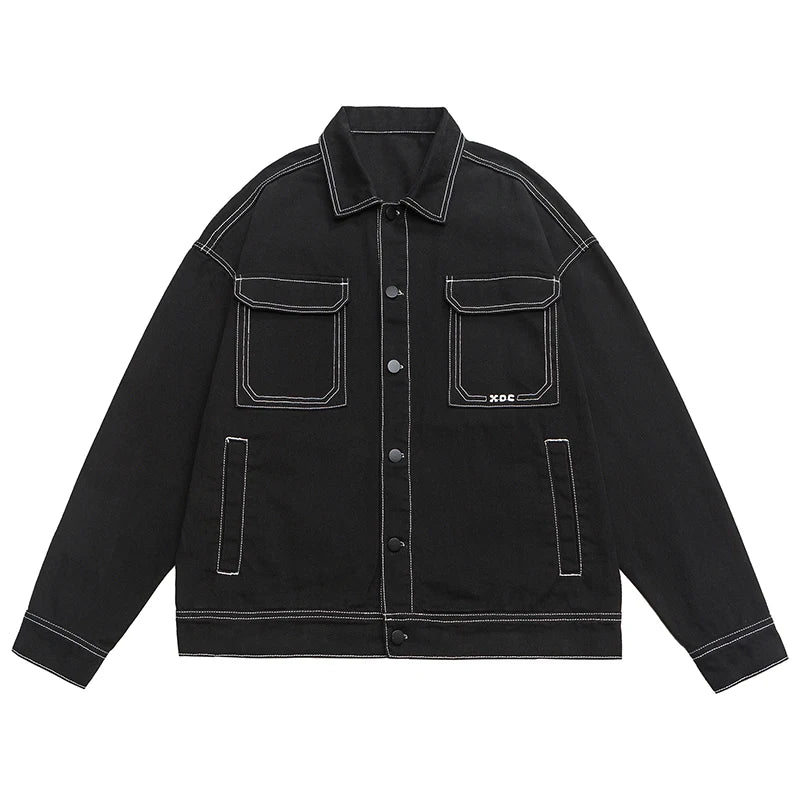 Nieuwe Contrast Kleur Drop Shoulder Denim Jack Heren Zwart Wit Mode Grote Zak Paar Harajuku Jeans Jasjes Plus Size M-5XL