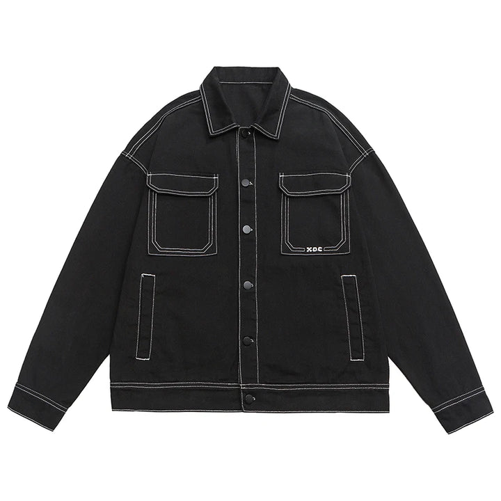 Nieuwe Contrast Kleur Drop Shoulder Denim Jack Heren Zwart Wit Mode Grote Zak Paar Harajuku Jeans Jasjes Plus Size M-5XL
