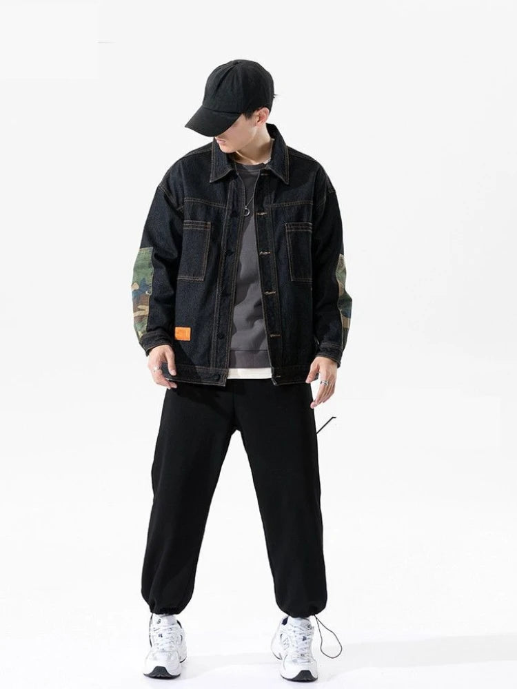 Plus Size Cowboy Coat for Men of Fabric Elatic Japanese Retro Clothing Menswear Y2k Original Casual L S Button Denim Jackets Man