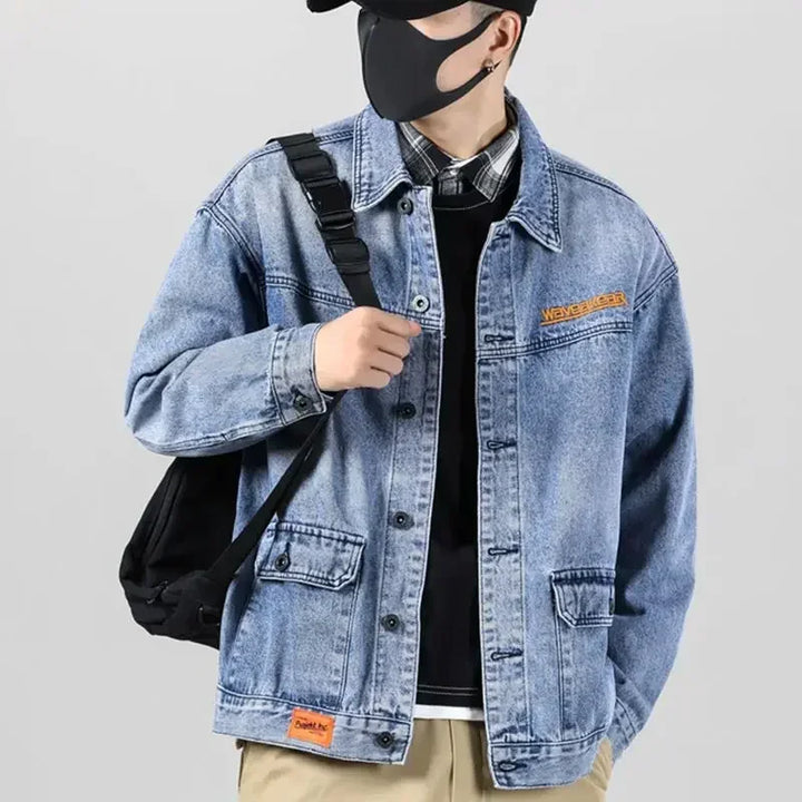 Men's Denim Jacket Japanese Spliced Button Male Jean Coats Autumn Aesthetic Fashion Winter Oversize Worn 2024 Big Size of Fabric