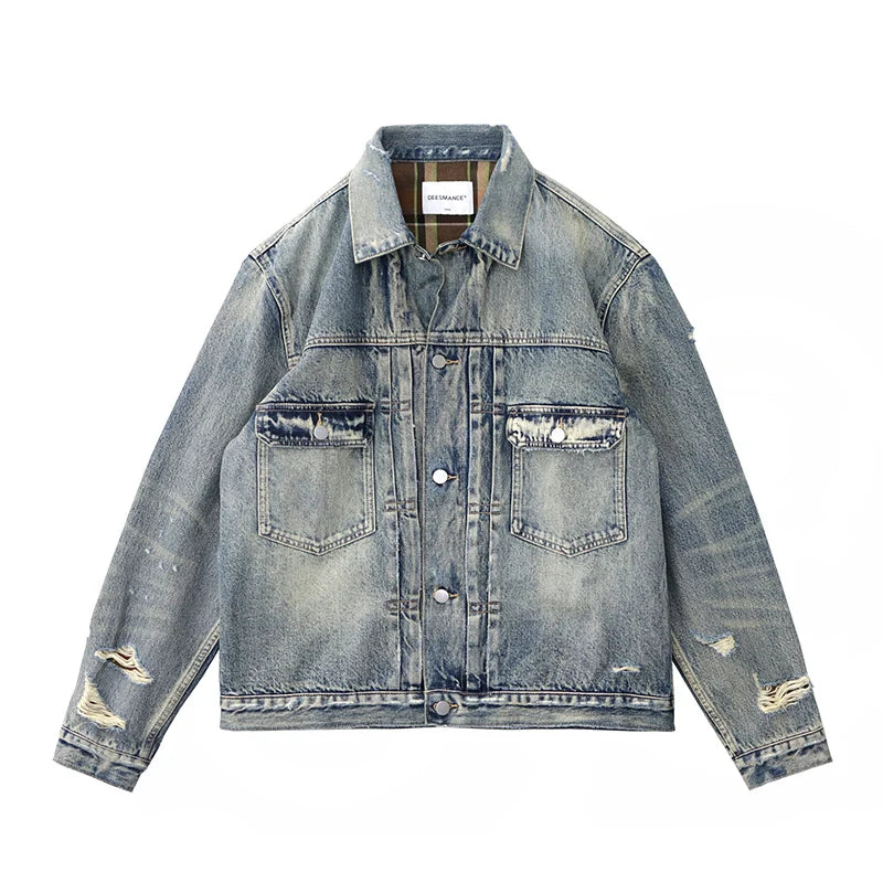 Autumn New American Retro Heavyweight Hole Denim Cargo Jacket Men's Fashion 96% Cotton Washed Old Multi-pocket Leisure Outerwear