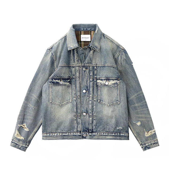 Autumn New American Retro Heavyweight Hole Denim Cargo Jacket Men's Fashion 96% Cotton Washed Old Multi-pocket Leisure Outerwear