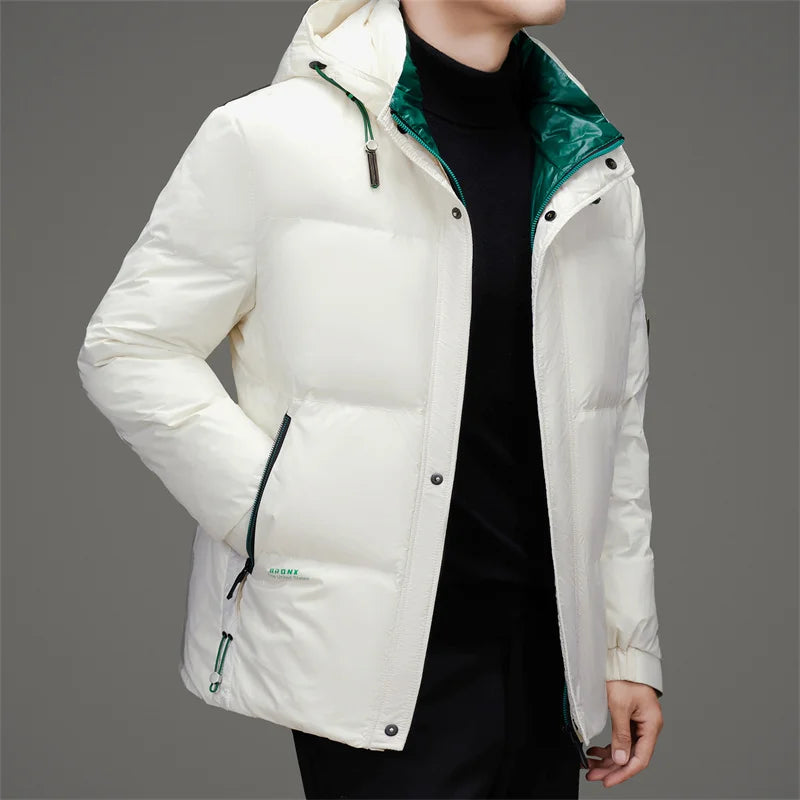 Heren donsjack herfst winter nieuwe effen kleur verdikte warme outdoor reizen kapmantel heren witte eendendons gewatteerde kleding
