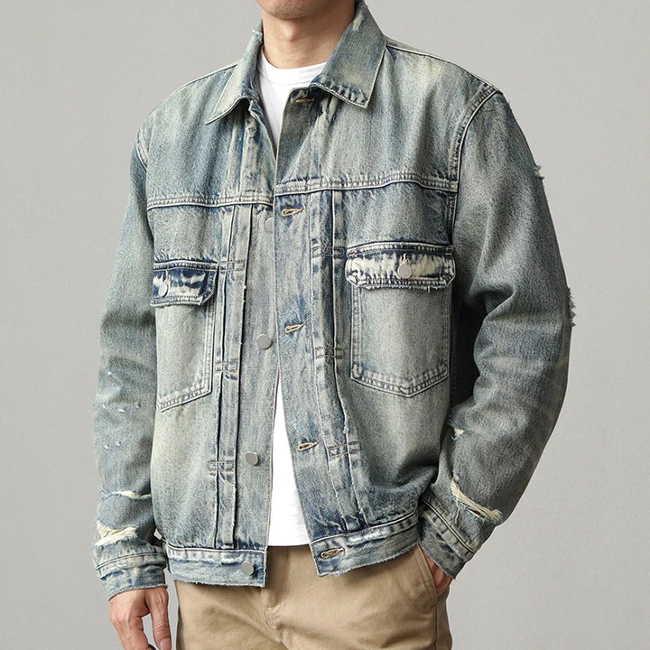 Autumn New American Retro Heavyweight Hole Denim Cargo Jacket Men's Fashion 96% Cotton Washed Old Multi-pocket Leisure Outerwear