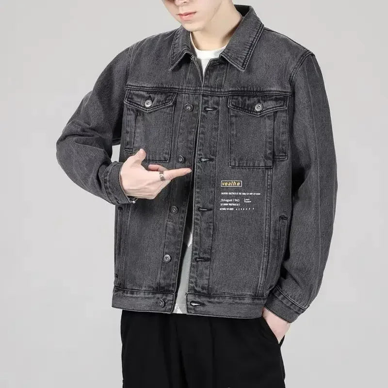 Gray Autumn Men's Denim Jacket Button Blue Cargo Male Jean Coats Vintage Winter Oversize Loose One Piece Rock of Fabric Japanese