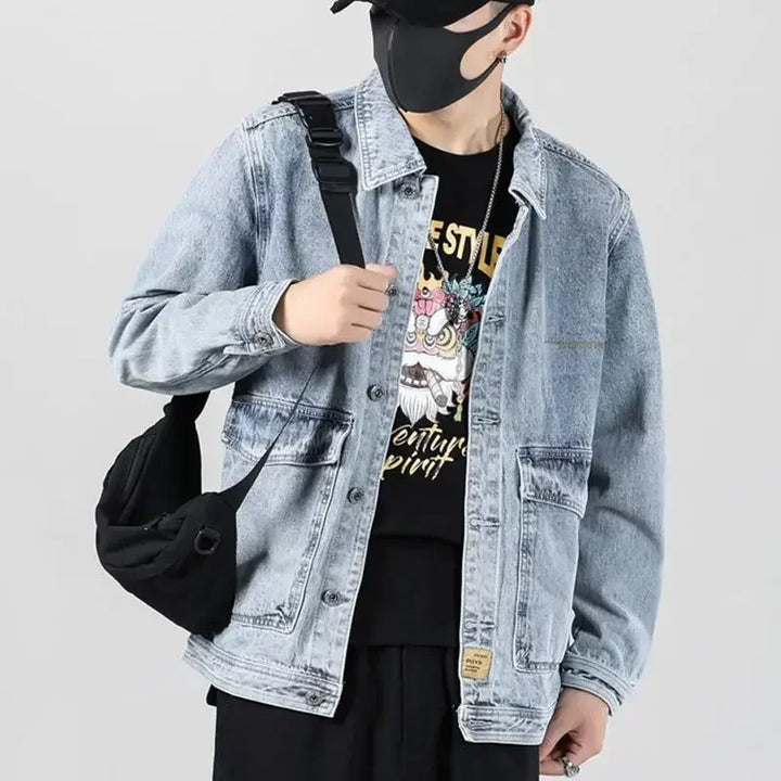 Men's Denim Jacket Japanese Spliced Button Male Jean Coats Autumn Aesthetic Fashion Winter Oversize Worn 2024 Big Size of Fabric