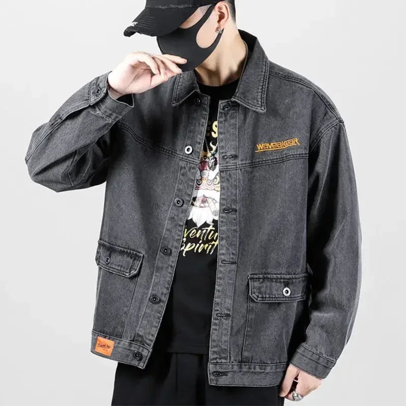 Men's Denim Jacket Japanese Spliced Button Male Jean Coats Autumn Aesthetic Fashion Winter Oversize Worn 2024 Big Size of Fabric