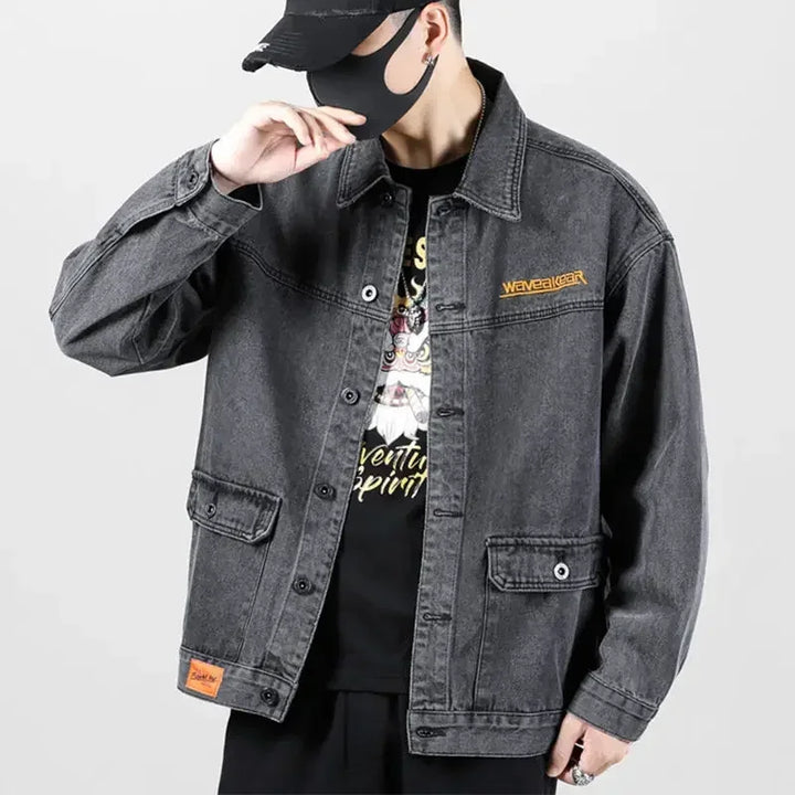 Men's Denim Jacket Japanese Spliced Button Male Jean Coats Autumn Aesthetic Fashion Winter Oversize Worn 2024 Big Size of Fabric