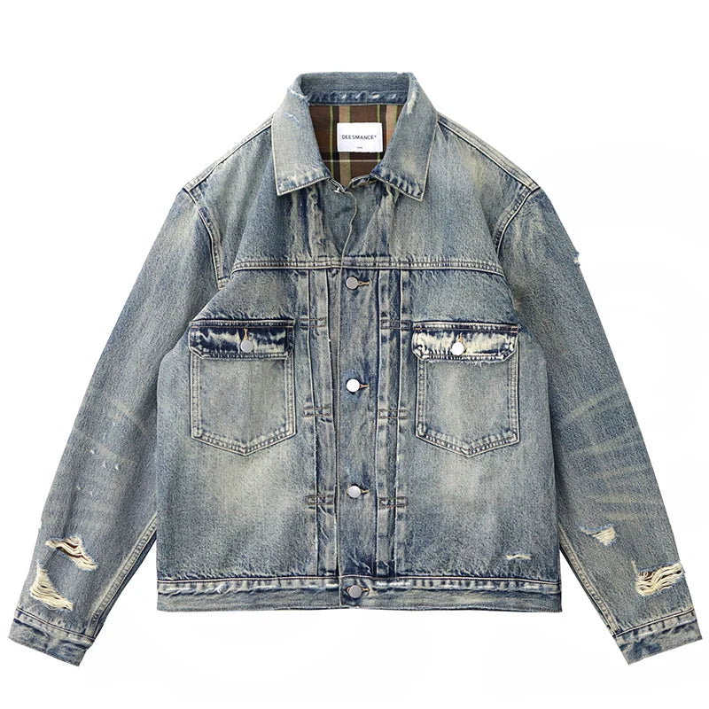 Autumn New American Retro Heavyweight Hole Denim Cargo Jacket Men's Fashion 96% Cotton Washed Old Multi-pocket Leisure Outerwear