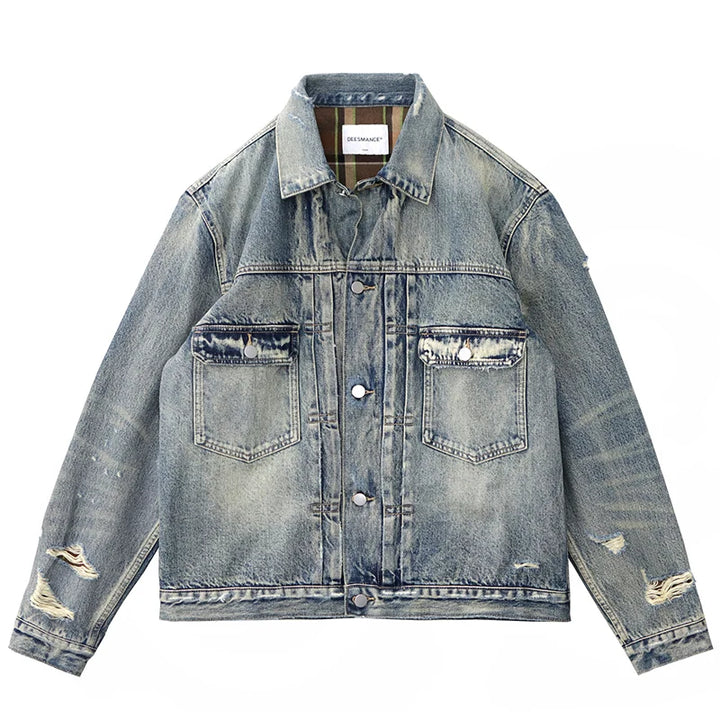 Autumn New American Retro Heavyweight Hole Denim Cargo Jacket Men's Fashion 96% Cotton Washed Old Multi-pocket Leisure Outerwear