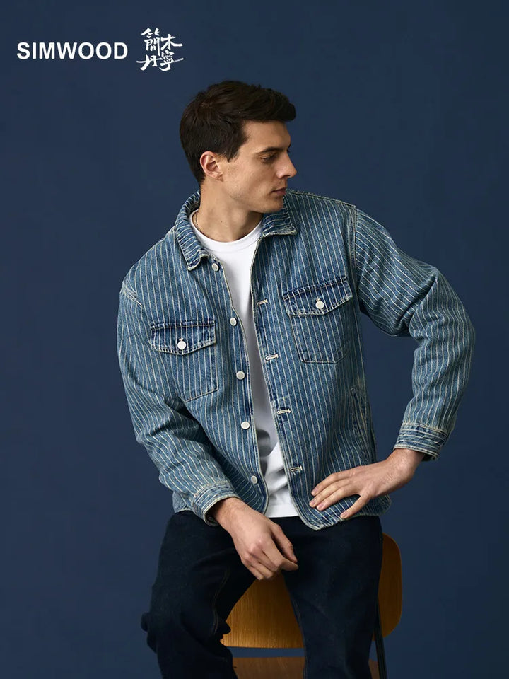 SIMWOOD High Strandard Series  2025 Autumn New Oversize 12.5 OZ Fabric Vertical Striped Denim Jackets