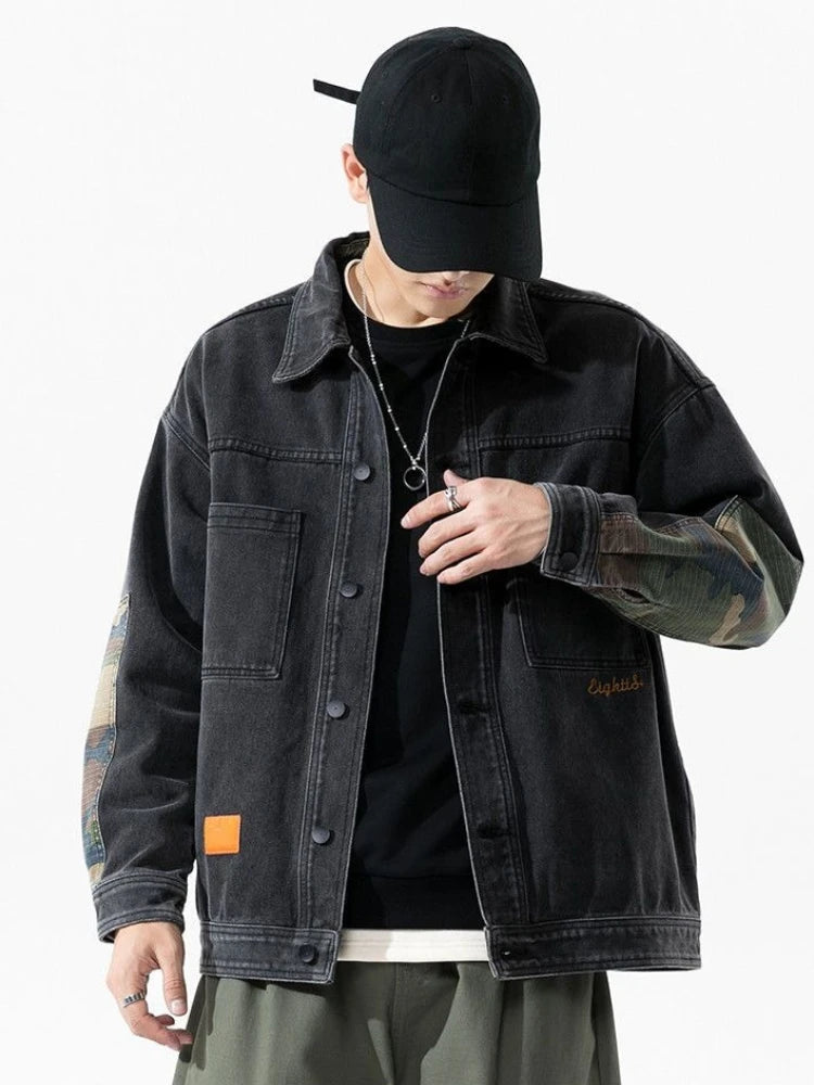 Plus Size Cowboy Coat for Men of Fabric Elatic Japanese Retro Clothing Menswear Y2k Original Casual L S Button Denim Jackets Man