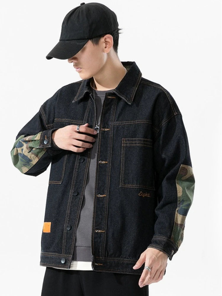 Plus Size Cowboy Coat for Men of Fabric Elatic Japanese Retro Clothing Menswear Y2k Original Casual L S Button Denim Jackets Man