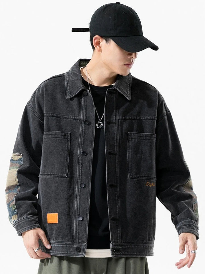 Plus Size Cowboy Coat for Men of Fabric Elatic Japanese Retro Clothing Menswear Y2k Original Casual L S Button Denim Jackets Man