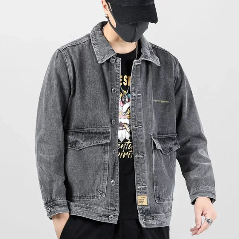 Men's Denim Jacket Japanese Spliced Button Male Jean Coats Autumn Aesthetic Fashion Winter Oversize Worn 2024 Big Size of Fabric