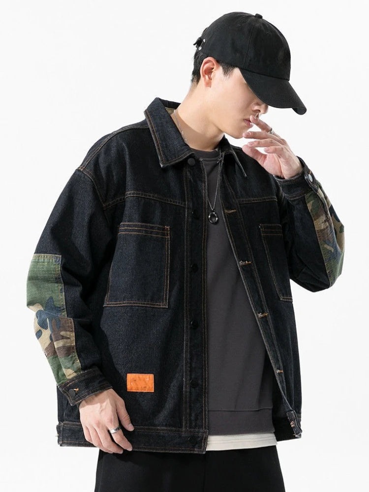 Plus Size Cowboy Coat for Men of Fabric Elatic Japanese Retro Clothing Menswear Y2k Original Casual L S Button Denim Jackets Man