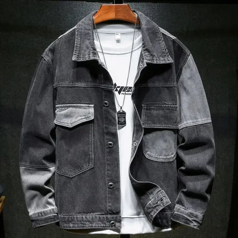 Men's Denim Jacket Japanese Spliced Button Male Jean Coats Autumn Aesthetic Fashion Winter Oversize Worn 2024 Big Size of Fabric