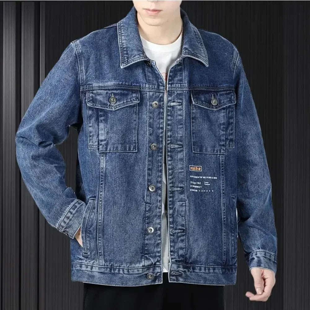 Gray Autumn Men's Denim Jacket Button Blue Cargo Male Jean Coats Vintage Winter Oversize Loose One Piece Rock of Fabric Japanese