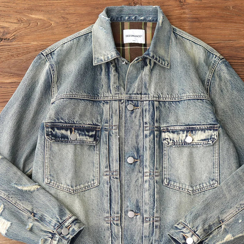 Autumn New American Retro Heavyweight Hole Denim Cargo Jacket Men's Fashion 96% Cotton Washed Old Multi-pocket Leisure Outerwear