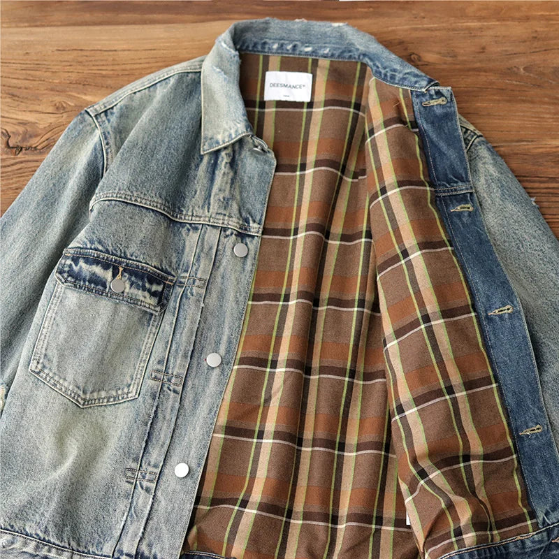 Autumn New American Retro Heavyweight Hole Denim Cargo Jacket Men's Fashion 96% Cotton Washed Old Multi-pocket Leisure Outerwear