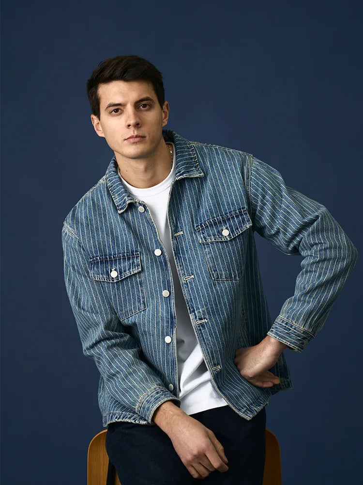 SIMWOOD High Strandard Series  2025 Autumn New Oversize 12.5 OZ Fabric Vertical Striped Denim Jackets