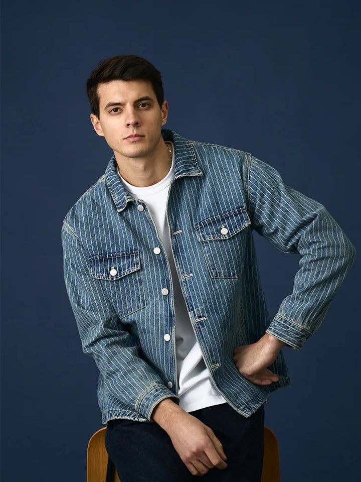 SIMWOOD High Strandard Series  2025 Autumn New Oversize 12.5 OZ Fabric Vertical Striped Denim Jackets