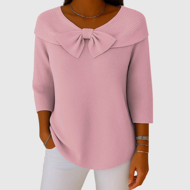 Серенна – Дамски пуловер с панделка и кръгло деколте